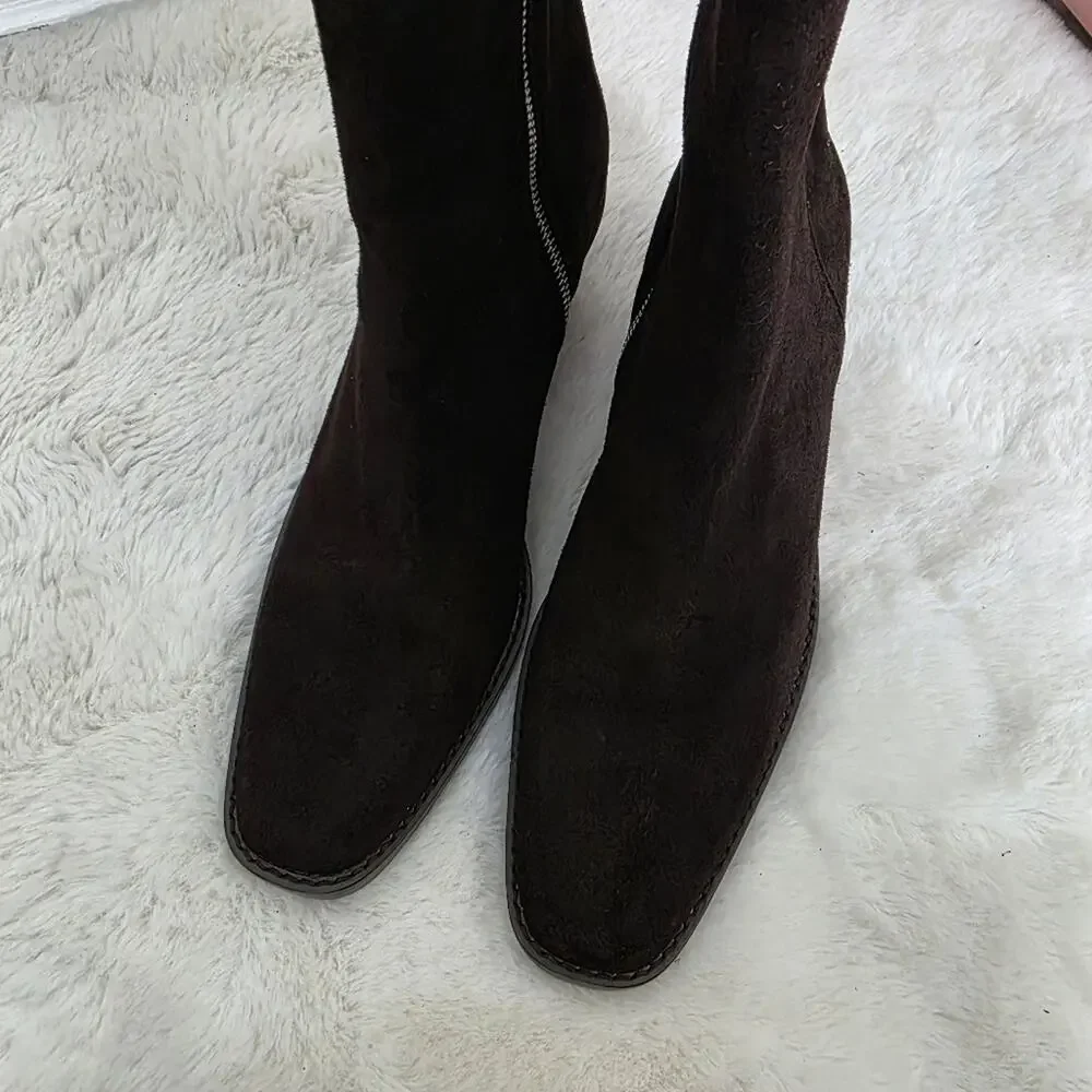Madewell The Idris Coffee Bean Brown Suede Ankle Booties Side Zip Block Heel 9.5